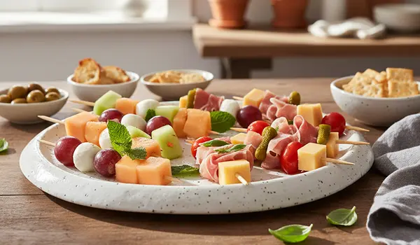 Brochettes sucrées-salées avec fruits et fromage, apéro dînatoire facile.