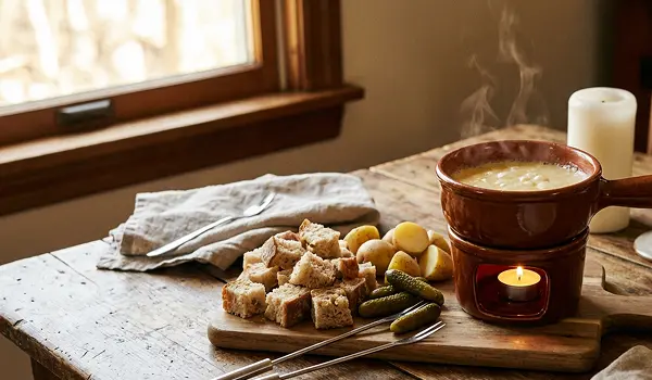 Mini fondue au fromage maison avec cubes de pain, apéro dînatoire facile.