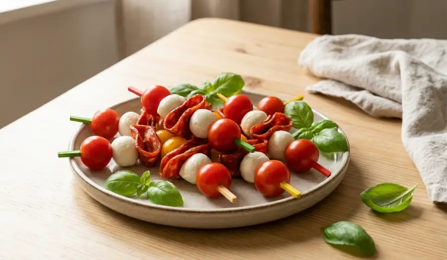 Mini-brochettes chorizo, mozzarella et tomates cerises