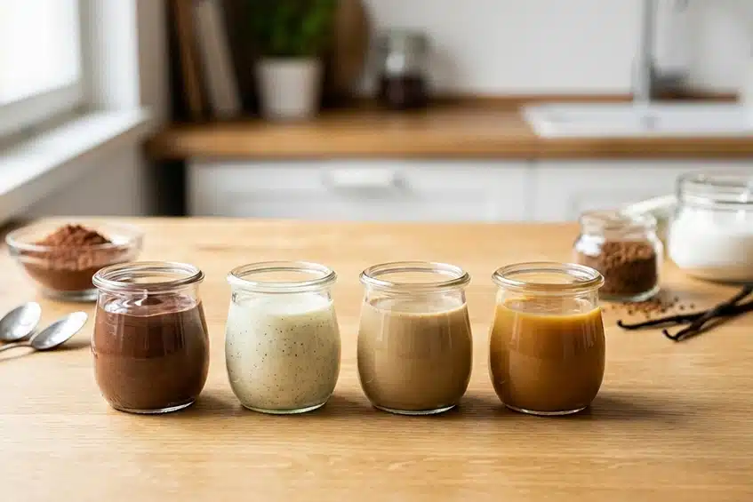 Assortiment de 5 recettes de crèmes dessert rapides maison en pots chocolat façon Danette, vanille sans œufs, café soluble, caramel express et citron rapide.