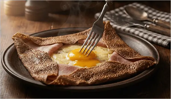 Galette bretonne complète avec jambon, fromage fondu et œuf coulant