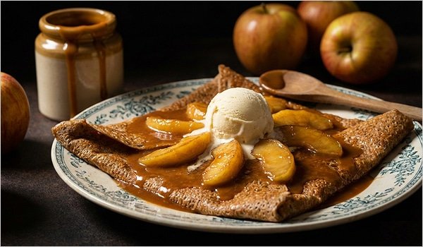 Galette bretonne sucrée au caramel beurre salé, pommes caramélisées et glace vanille