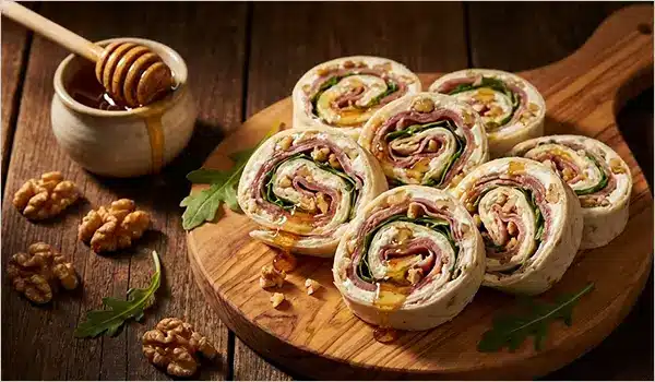 Wrap froid jambon cru chèvre miel et noix coupé en roulés sur planche en bois d'olivier