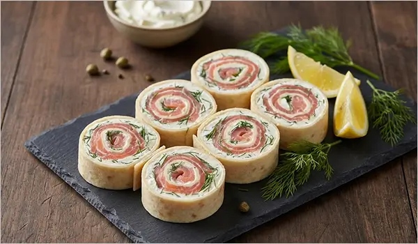 Wrap froid saumon fumé fromage frais et aneth coupé en roulés sur ardoise