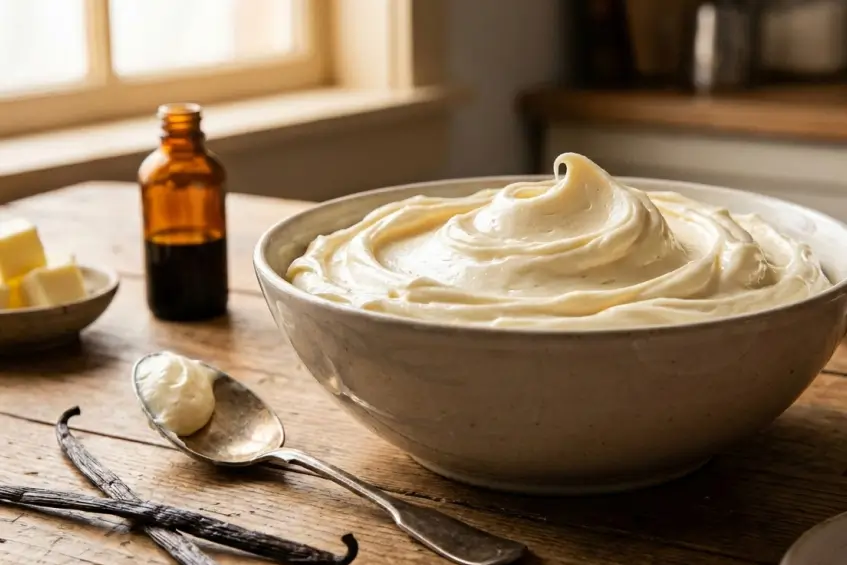 crème au beurre à la vanille lisse dans un bol