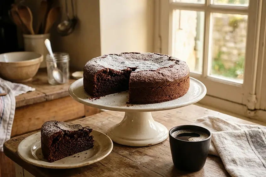 Recette de gâteau au chocolat complet sur un présentoir à gâteau dans une cuisine chaleureuse