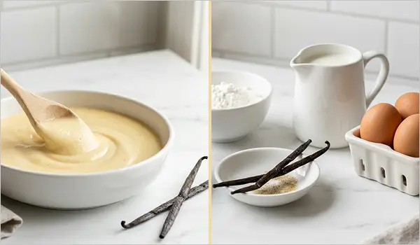 Crème vanille maison en train d'épaissir dans une casserole — la texture nappe la cuillère