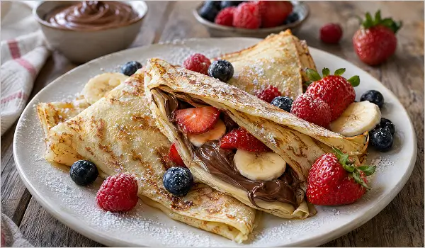 Crêpes sans œuf garnies de fruits frais et de pâte à tartiner