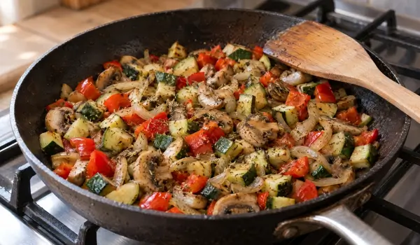 Légumes revenus à la poêle pour une quiche aux légumes facile qui ne détrempe pas