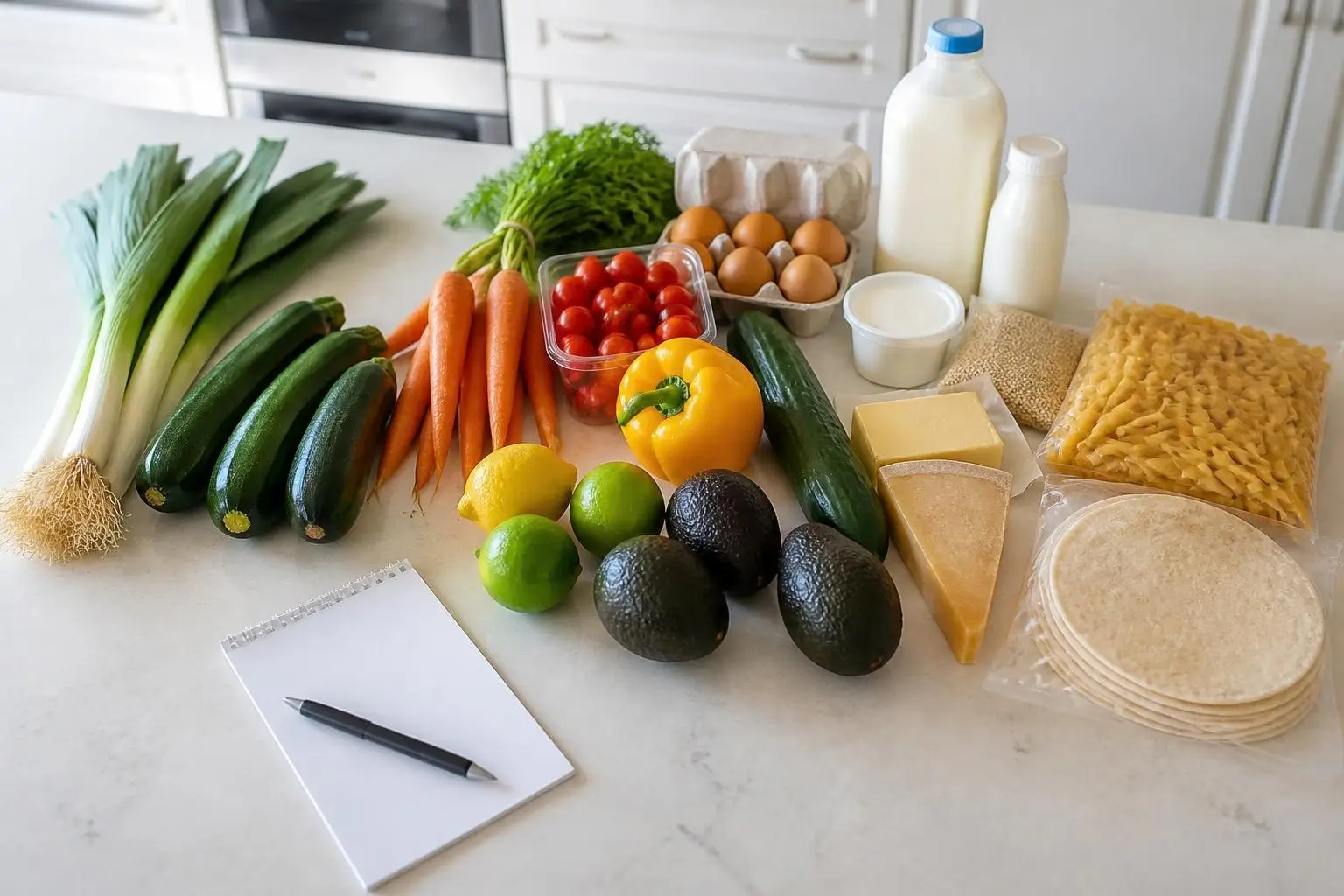 Liste de courses de la semaine avec légumes, œufs et crèmerie sur une table