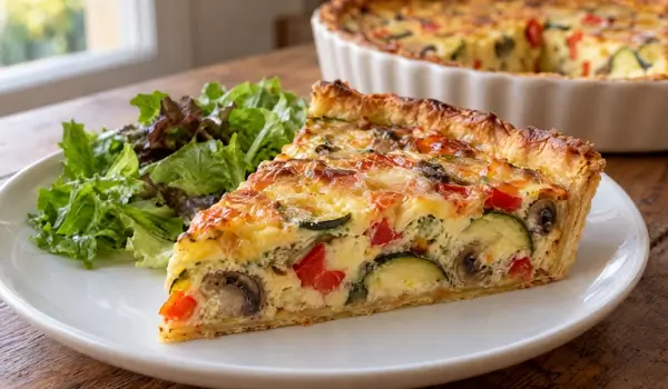 Part de quiche aux légumes servie avec une salade verte
