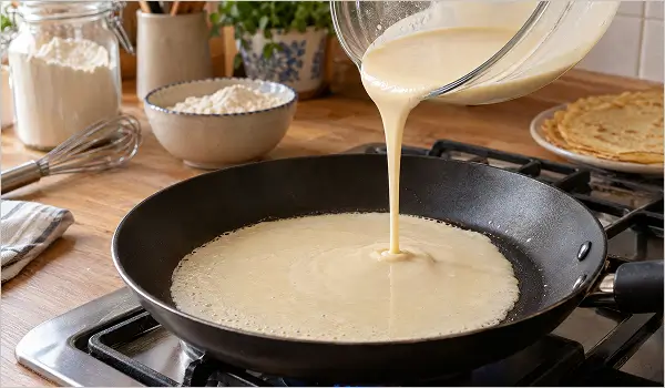 Pâte à crêpes sans œuf lisse versée dans une poêle chaude