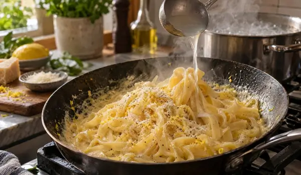 Pâtes fraîches mélangées à la sauce crème citron avec un peu d’eau de cuisson dans la poêle