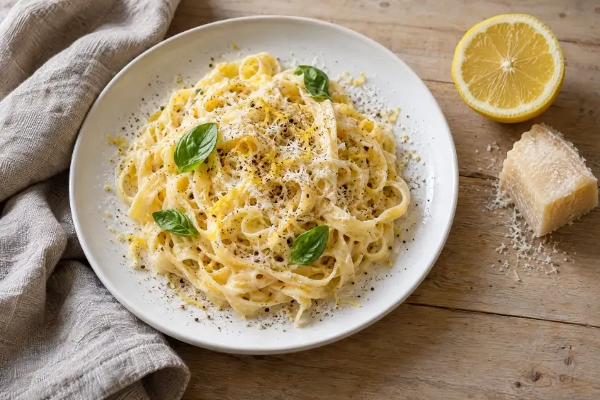 Recette pour les pâtes fraîches : tagliatelles crème, citron et parmesan dans une assiette