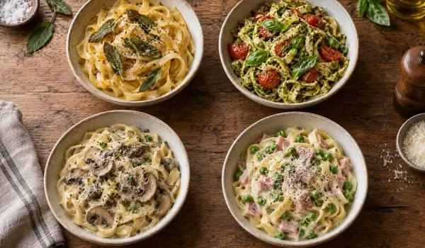 Quatre idées de sauce pour pâtes fraîches : beurre sauge, pesto, champignons et jambon petits pois